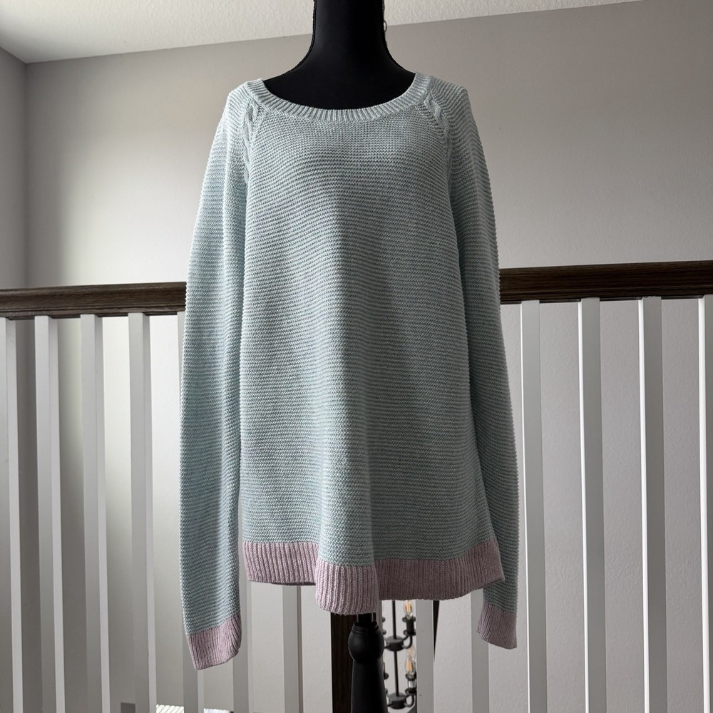 Talbots XL Blue Pink Cable Knit Sweater Linen Cotton Blend Preppy Fisherman Boho
